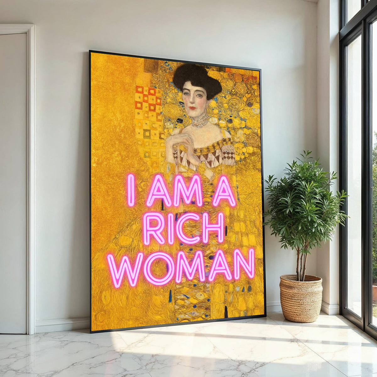 Rich Woman Neon Canvas, Gustav Klimt Art, Portrait Wall Art, Modern Gold Print, Wall Art Canvas Design, Ready To Hang Decoration