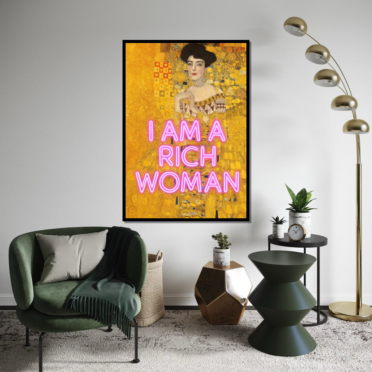 Rich Woman Neon Canvas, Gustav Klimt Art, Portrait Wall Art, Modern Gold Print, Wall Art Canvas Design, Ready To Hang Decoration