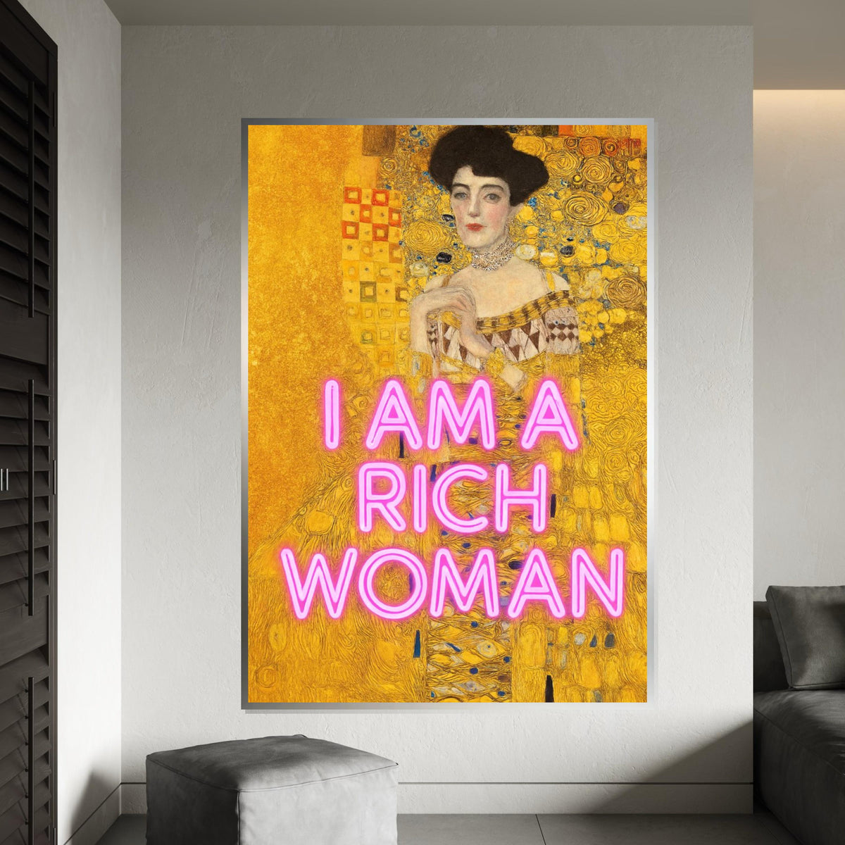 Rich Woman Neon Canvas, Gustav Klimt Art, Portrait Wall Art, Modern Gold Print, Wall Art Canvas Design, Ready To Hang Decoration