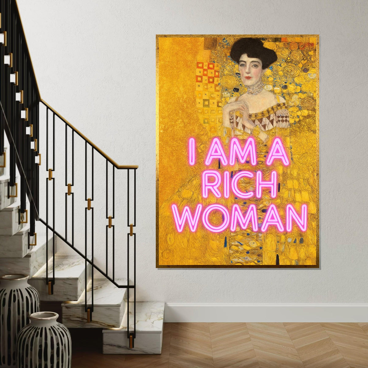Rich Woman Neon Canvas, Gustav Klimt Art, Portrait Wall Art, Modern Gold Print, Wall Art Canvas Design, Ready To Hang Decoration