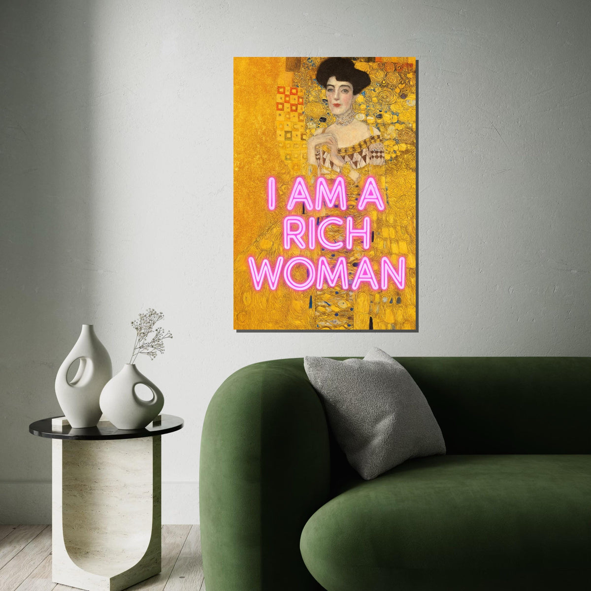 Rich Woman Neon Canvas, Gustav Klimt Art, Portrait Wall Art, Modern Gold Print, Wall Art Canvas Design, Ready To Hang Decoration