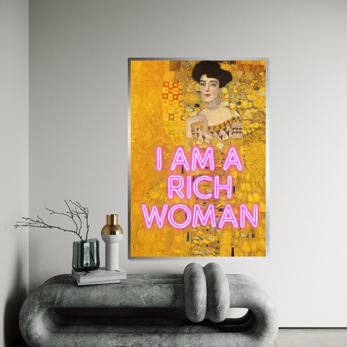 Rich Woman Neon Canvas, Gustav Klimt Art, Portrait Wall Art, Modern Gold Print, Wall Art Canvas Design, Ready To Hang Decoration