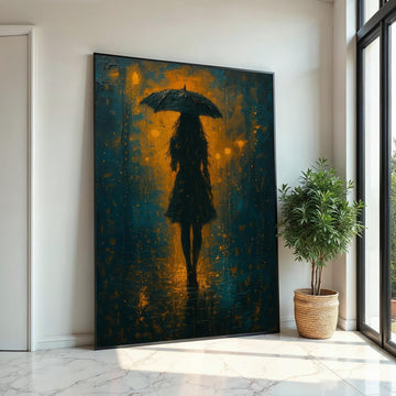 Umbrella Silhouette Canvas, Abstract Rainy Night Art, Wall Art Canvas Design, Shadow and Light Decor, Ready To Hang Decoration, Print Art