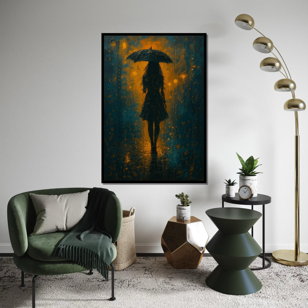 Umbrella Silhouette Canvas, Abstract Rainy Night Art, Wall Art Canvas Design, Shadow and Light Decor, Ready To Hang Decoration, Print Art