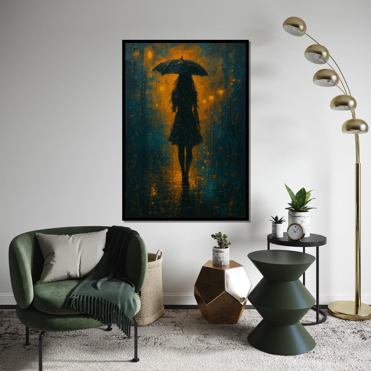 Umbrella Silhouette Canvas, Abstract Rainy Night Art, Wall Art Canvas Design, Shadow and Light Decor, Ready To Hang Decoration, Print Art