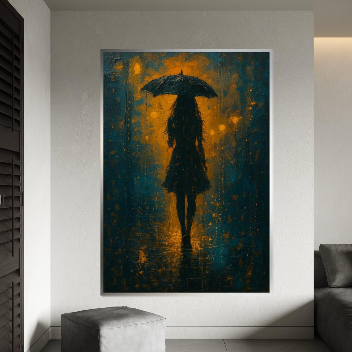 Umbrella Silhouette Canvas, Abstract Rainy Night Art, Wall Art Canvas Design, Shadow and Light Decor, Ready To Hang Decoration, Print Art