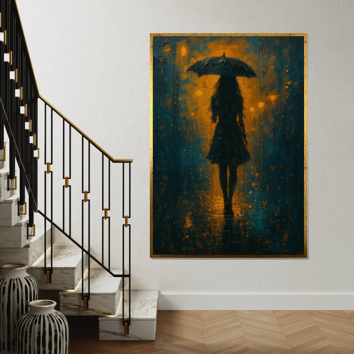 Umbrella Silhouette Canvas, Abstract Rainy Night Art, Wall Art Canvas Design, Shadow and Light Decor, Ready To Hang Decoration, Print Art