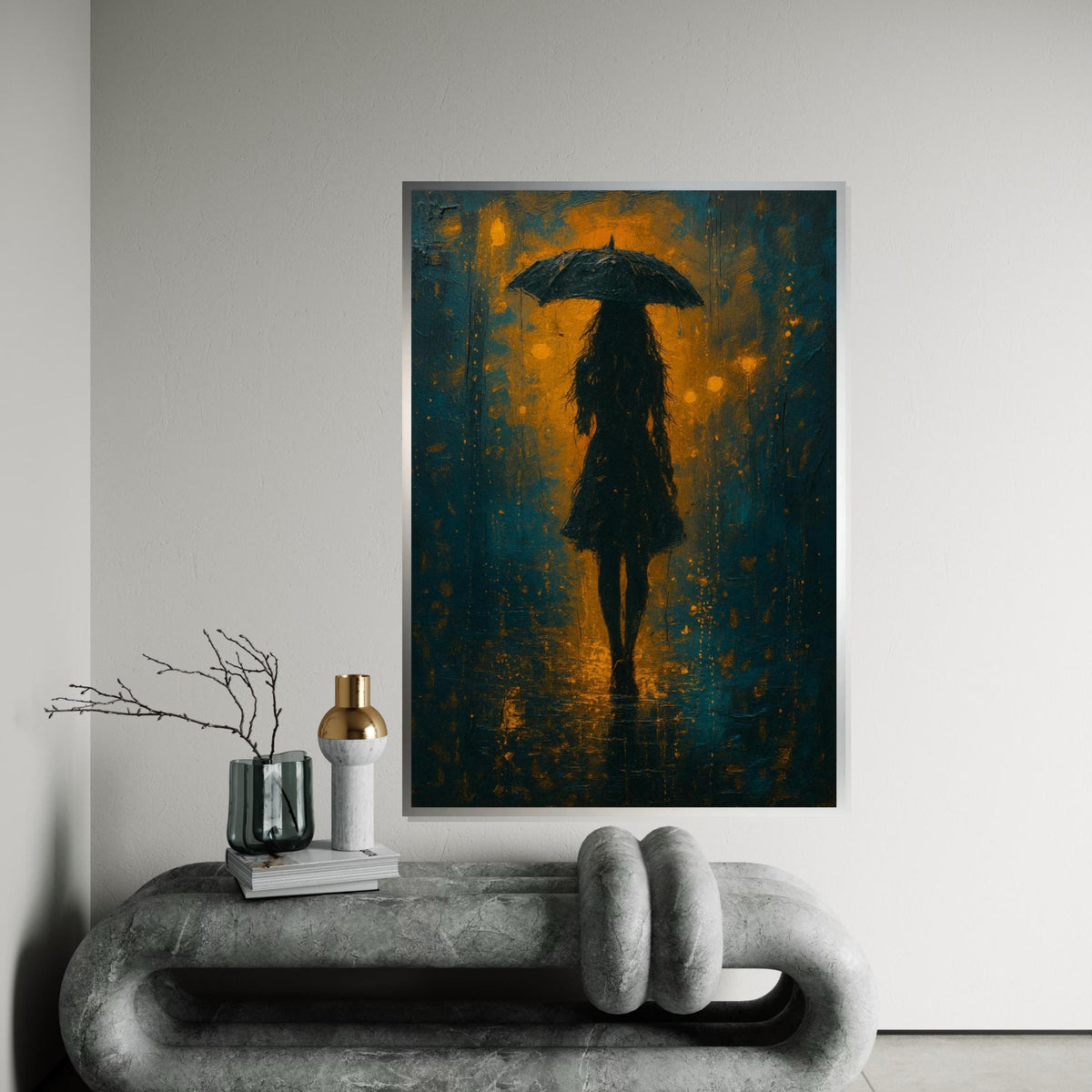 Umbrella Silhouette Canvas, Abstract Rainy Night Art, Wall Art Canvas Design, Shadow and Light Decor, Ready To Hang Decoration, Print Art