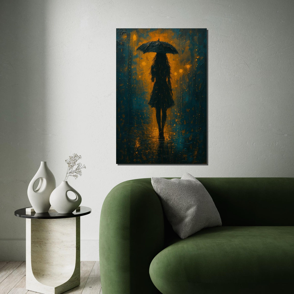 Umbrella Silhouette Canvas, Abstract Rainy Night Art, Wall Art Canvas Design, Shadow and Light Decor, Ready To Hang Decoration, Print Art