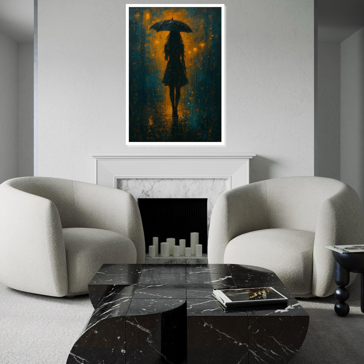 Umbrella Silhouette Canvas, Abstract Rainy Night Art, Wall Art Canvas Design, Shadow and Light Decor, Ready To Hang Decoration, Print Art