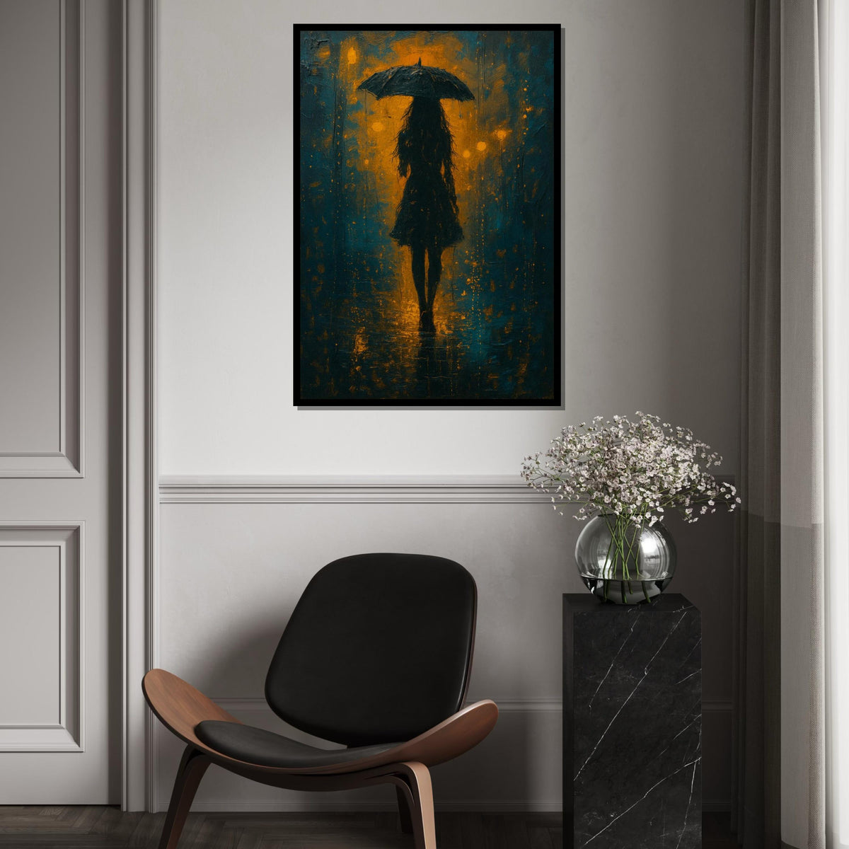 Umbrella Silhouette Canvas, Abstract Rainy Night Art, Wall Art Canvas Design, Shadow and Light Decor, Ready To Hang Decoration, Print Art