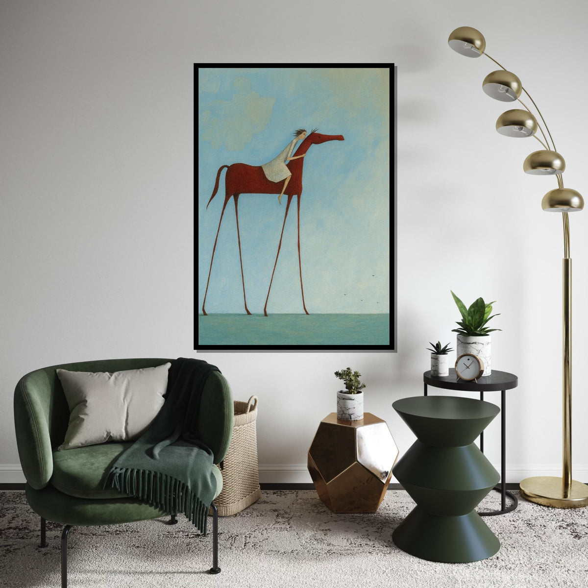 Surreal Tall Horse, Rider on Horseback Canvas, Fantasy Art, Wall Art Canvas Design, Ready to Hang, Dreamy Sky Horse Print, Print Art