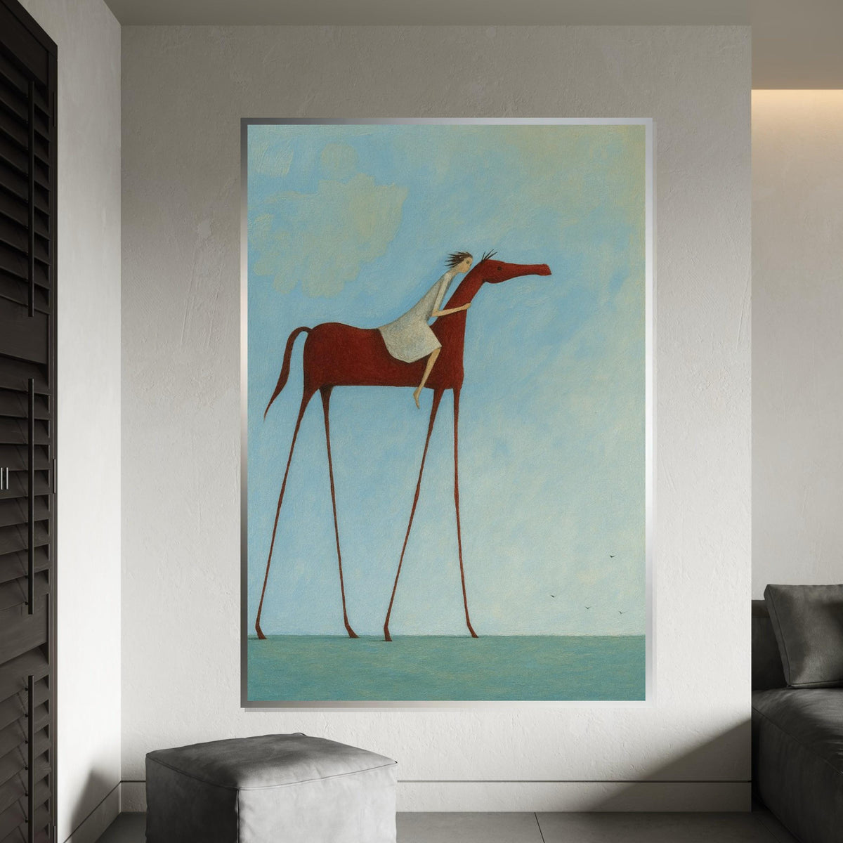 Surreal Tall Horse, Rider on Horseback Canvas, Fantasy Art, Wall Art Canvas Design, Ready to Hang, Dreamy Sky Horse Print, Print Art