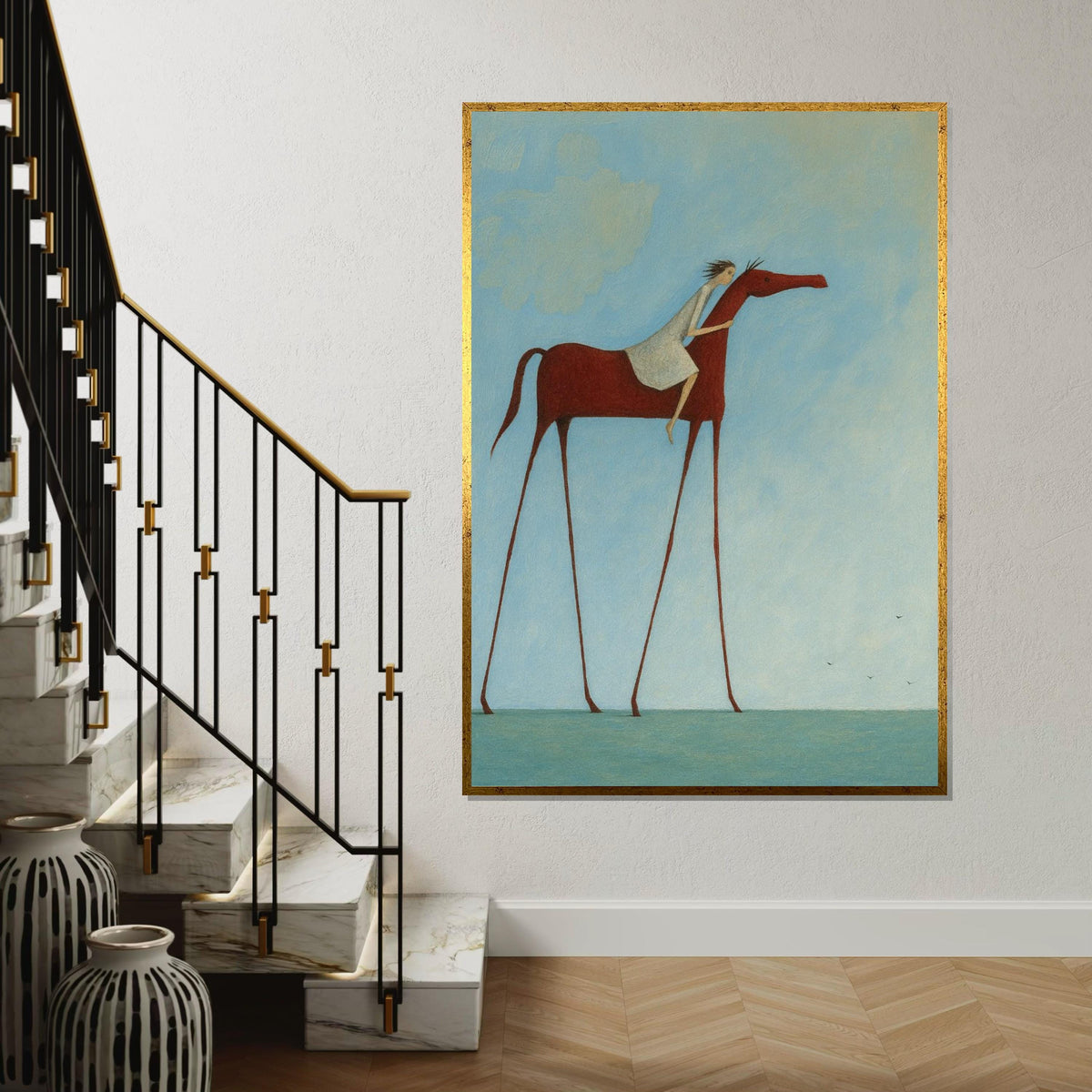 Surreal Tall Horse, Rider on Horseback Canvas, Fantasy Art, Wall Art Canvas Design, Ready to Hang, Dreamy Sky Horse Print, Print Art