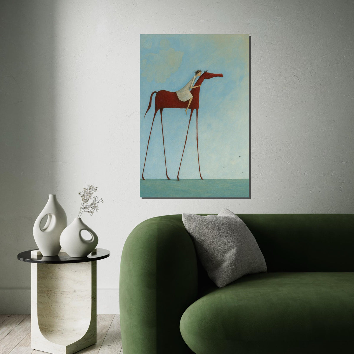 Surreal Tall Horse, Rider on Horseback Canvas, Fantasy Art, Wall Art Canvas Design, Ready to Hang, Dreamy Sky Horse Print, Print Art