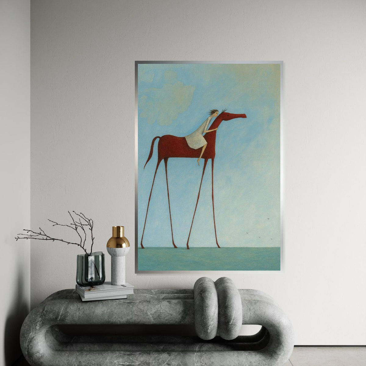 Surreal Tall Horse, Rider on Horseback Canvas, Fantasy Art, Wall Art Canvas Design, Ready to Hang, Dreamy Sky Horse Print, Print Art