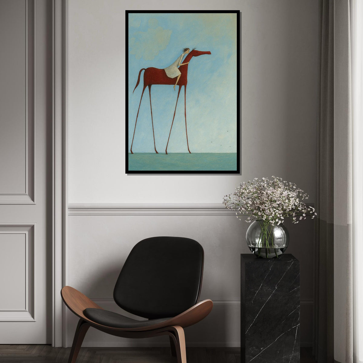 Surreal Tall Horse, Rider on Horseback Canvas, Fantasy Art, Wall Art Canvas Design, Ready to Hang, Dreamy Sky Horse Print, Print Art