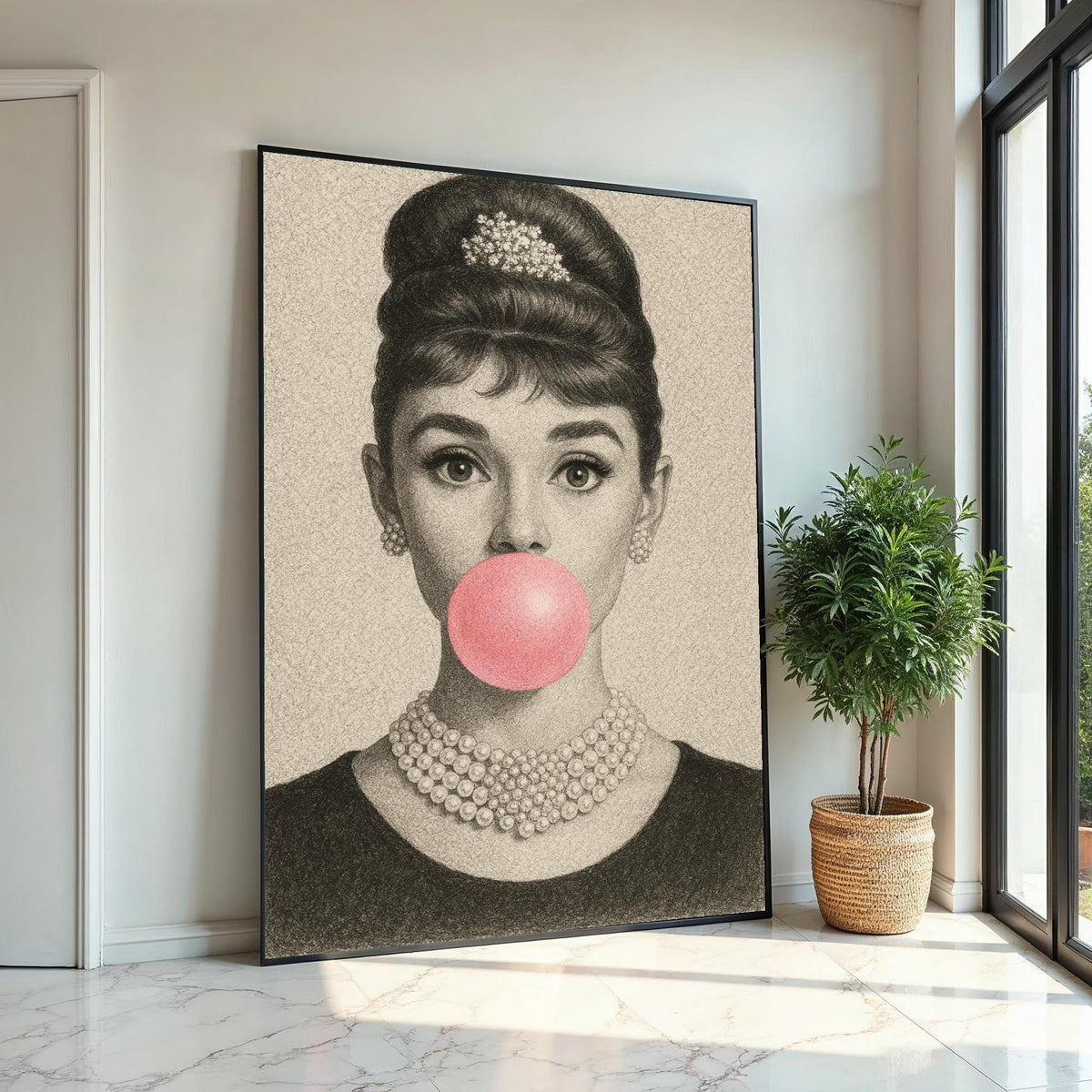 Audrey Bubblegum Sketch Canvas, Vintage Pencil Art Print, Retro Glam Pop Art, Elegant Hollywood Wall Decor, Ready to Hang Poster