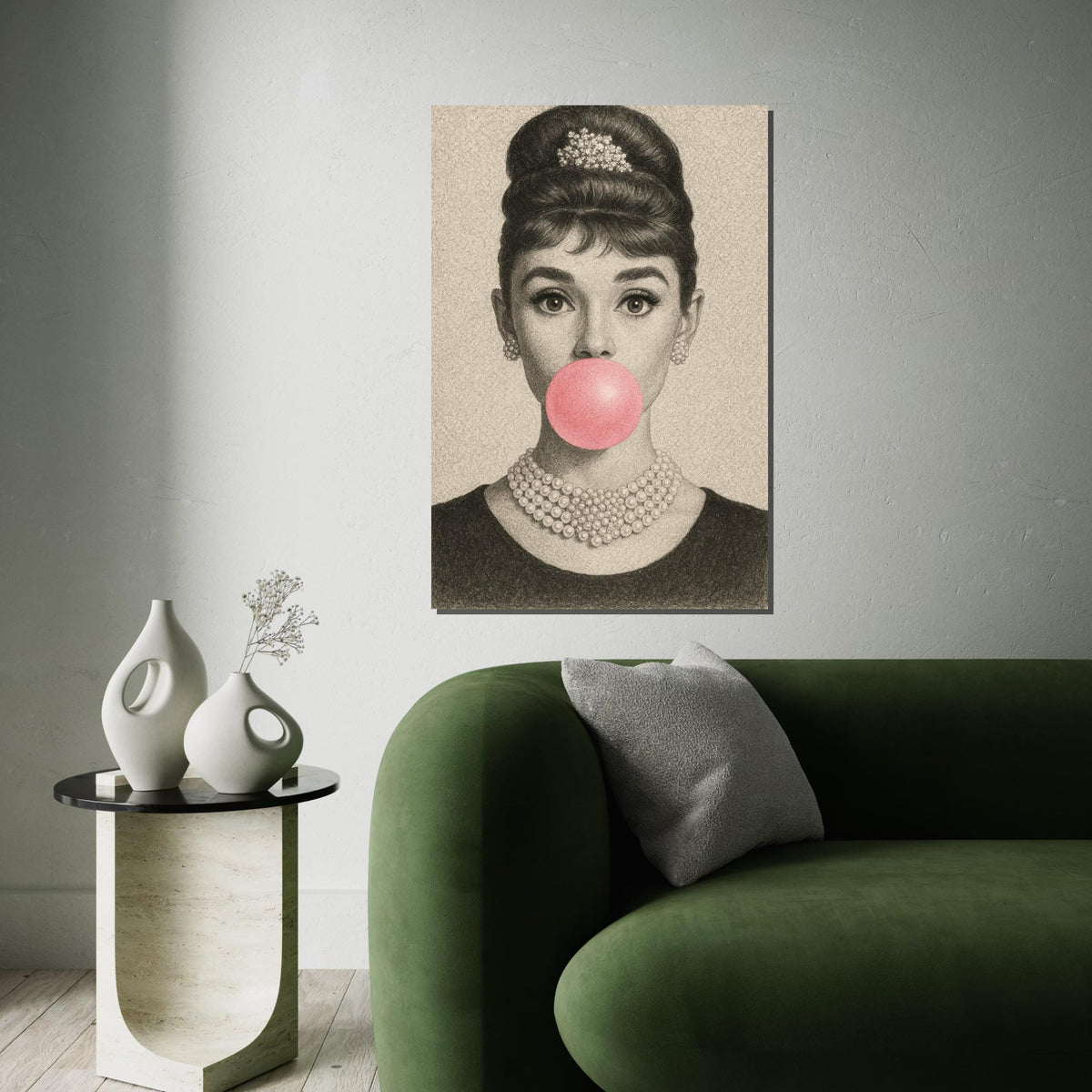 Audrey Bubblegum Sketch Canvas, Vintage Pencil Art Print, Retro Glam Pop Art, Elegant Hollywood Wall Decor, Ready to Hang Poster