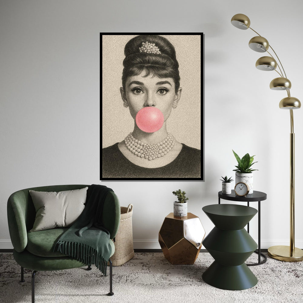 Audrey Bubblegum Sketch Canvas, Vintage Pencil Art Print, Retro Glam Pop Art, Elegant Hollywood Wall Decor, Ready to Hang Poster, Gift Art