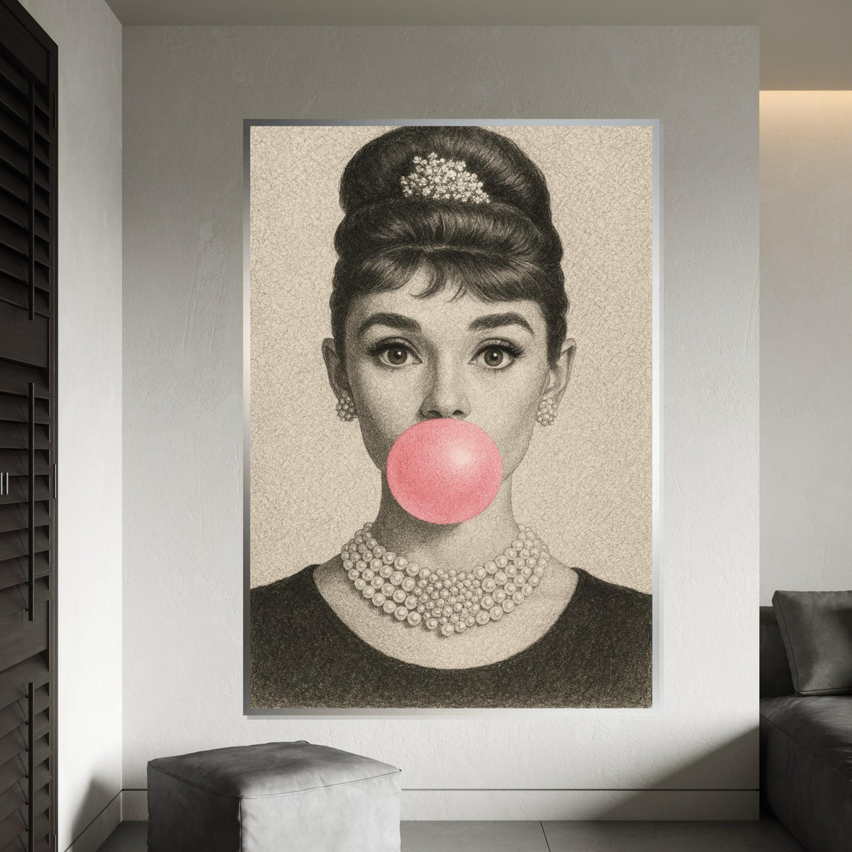 Audrey Bubblegum Sketch Canvas, Vintage Pencil Art Print, Retro Glam Pop Art, Elegant Hollywood Wall Decor, Ready to Hang Poster