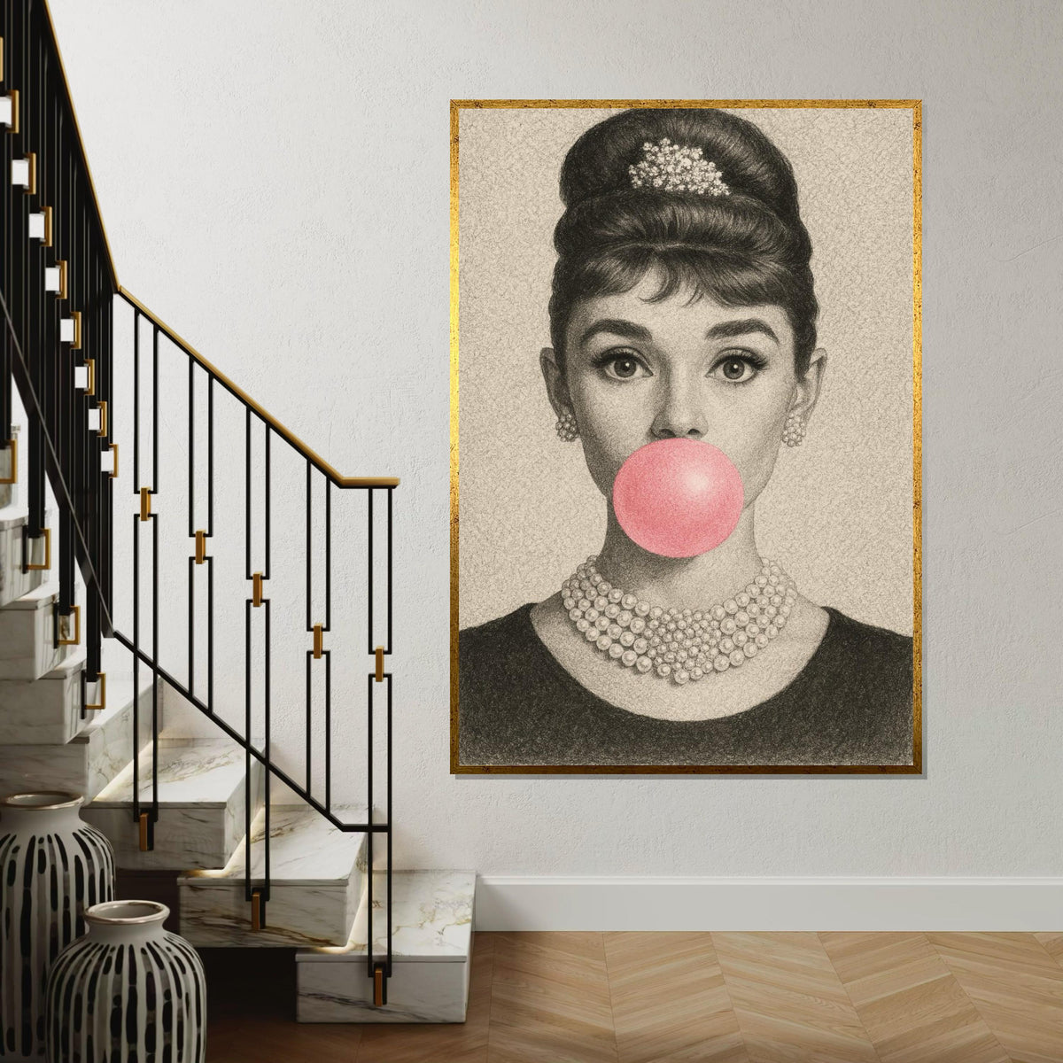 Audrey Bubblegum Sketch Canvas, Vintage Pencil Art Print, Retro Glam Pop Art, Elegant Hollywood Wall Decor, Ready to Hang Poster