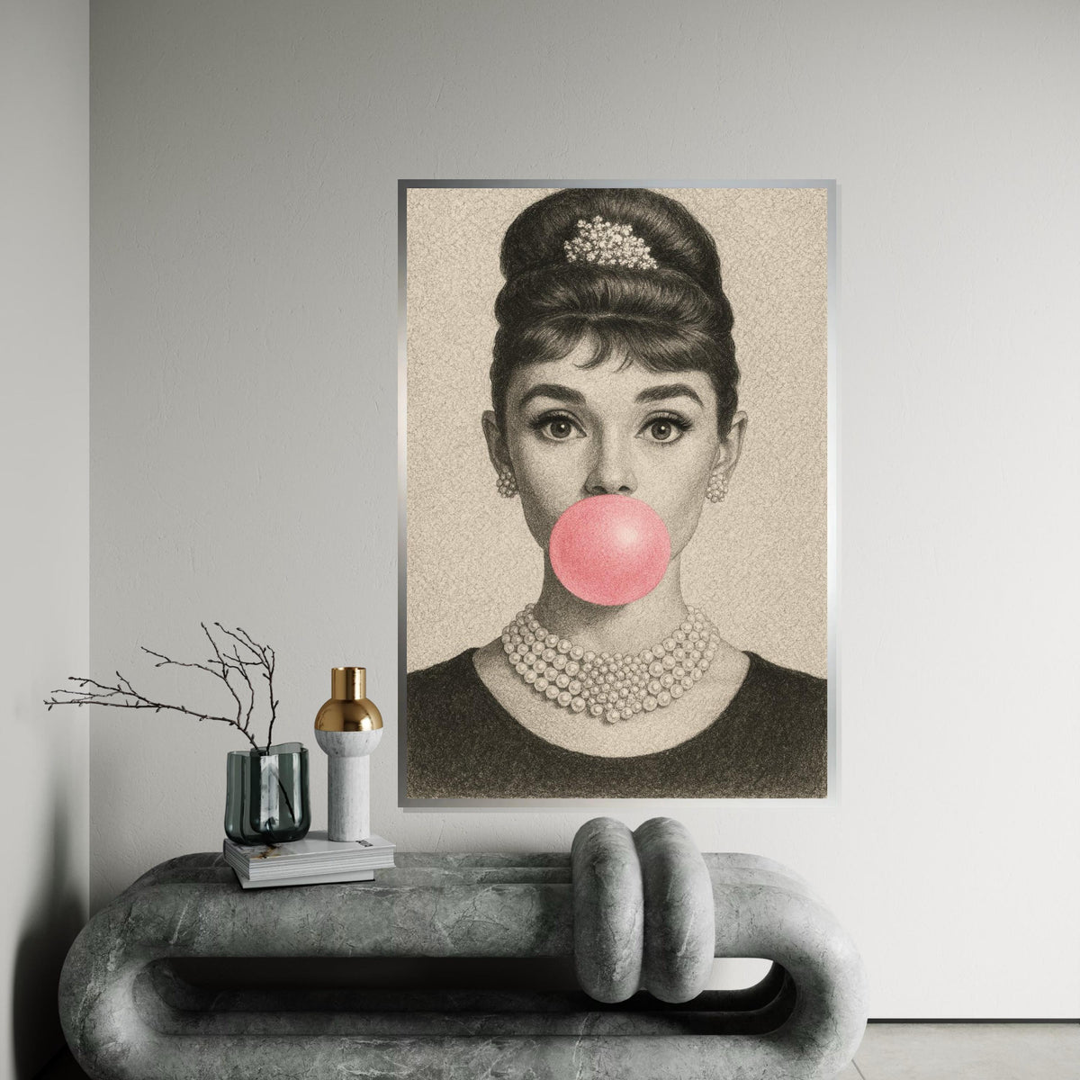 Audrey Bubblegum Sketch Canvas, Vintage Pencil Art Print, Retro Glam Pop Art, Elegant Hollywood Wall Decor, Ready to Hang Poster