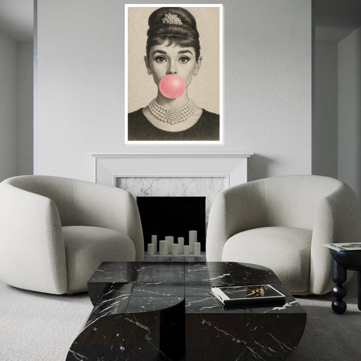 Audrey Bubblegum Sketch Canvas, Vintage Pencil Art Print, Retro Glam Pop Art, Elegant Hollywood Wall Decor, Ready to Hang Poster