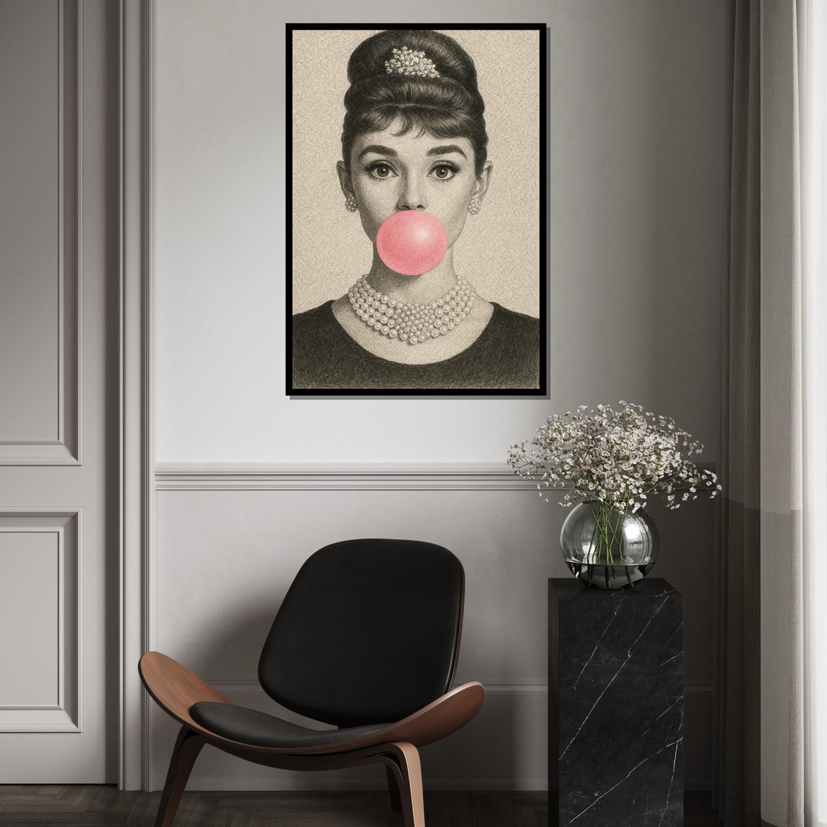Audrey Bubblegum Sketch Canvas, Vintage Pencil Art Print, Retro Glam Pop Art, Elegant Hollywood Wall Decor, Ready to Hang Poster