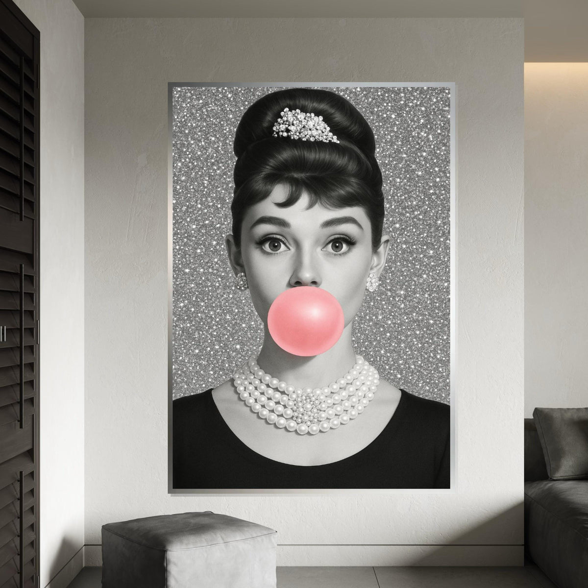 Audrey Glam Pop Art Canvas,GlamorouGirl with Bubblegum,Hollywood Icon Wall Art,Retro Black and White Canvas,Wall Decor,Ready to Hang Canvas