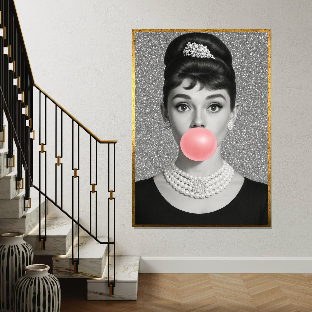 Audrey Glam Pop Art Canvas,GlamorouGirl with Bubblegum,Hollywood Icon Wall Art,Retro Black and White Canvas,Wall Decor,Ready to Hang Canvas