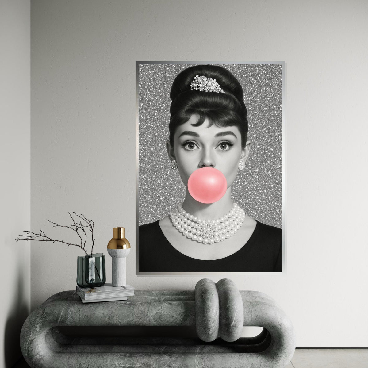 Audrey Glam Pop Art Canvas,GlamorouGirl with Bubblegum,Hollywood Icon Wall Art,Retro Black and White Canvas,Wall Decor,Ready to Hang Canvas