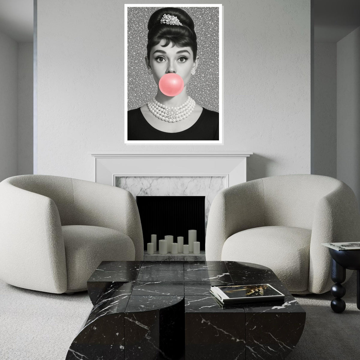 Audrey Glam Pop Art Canvas,GlamorouGirl with Bubblegum,Hollywood Icon Wall Art,Retro Black and White Canvas,Wall Decor,Ready to Hang Canvas