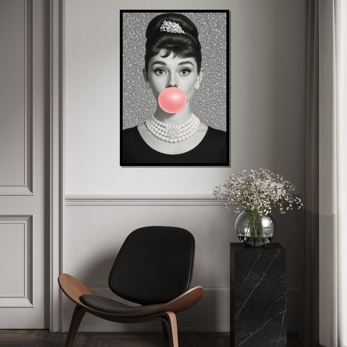 Audrey Glam Pop Art Canvas,GlamorouGirl with Bubblegum,Hollywood Icon Wall Art,Retro Black and White Canvas,Wall Decor,Ready to Hang Canvas