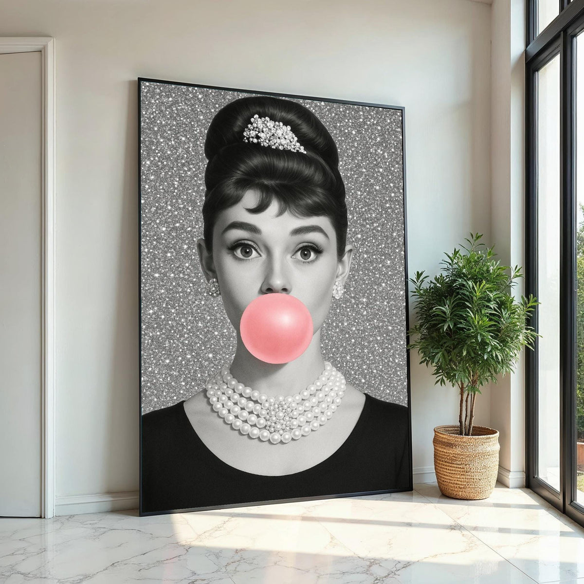 Audrey Glam Pop Art Canvas,GlamorouGirl with Bubblegum,Hollywood Icon Wall Art,Retro Black and White Canvas,Wall Decor,Ready to Hang Canvas