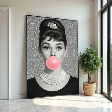 Audrey Glam Pop Art Canvas,GlamorouGirl with Bubblegum,Hollywood Icon Wall Art,Retro Black and White Canvas,Wall Decor,Ready to Hang Canvas