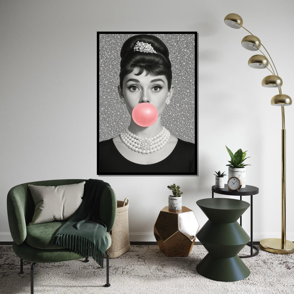 Audrey Glam Pop Art Canvas,GlamorouGirl with Bubblegum,Hollywood Icon Wall Art,Retro Black and White Canvas,Wall Decor,Ready to Hang Canvas