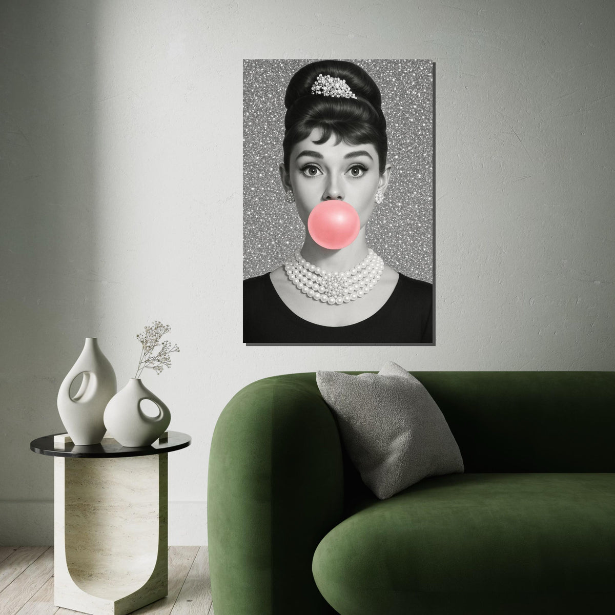 Audrey Glam Pop Art Canvas,GlamorouGirl with Bubblegum,Hollywood Icon Wall Art,Retro Black and White Canvas,Wall Decor,Ready to Hang Canvas