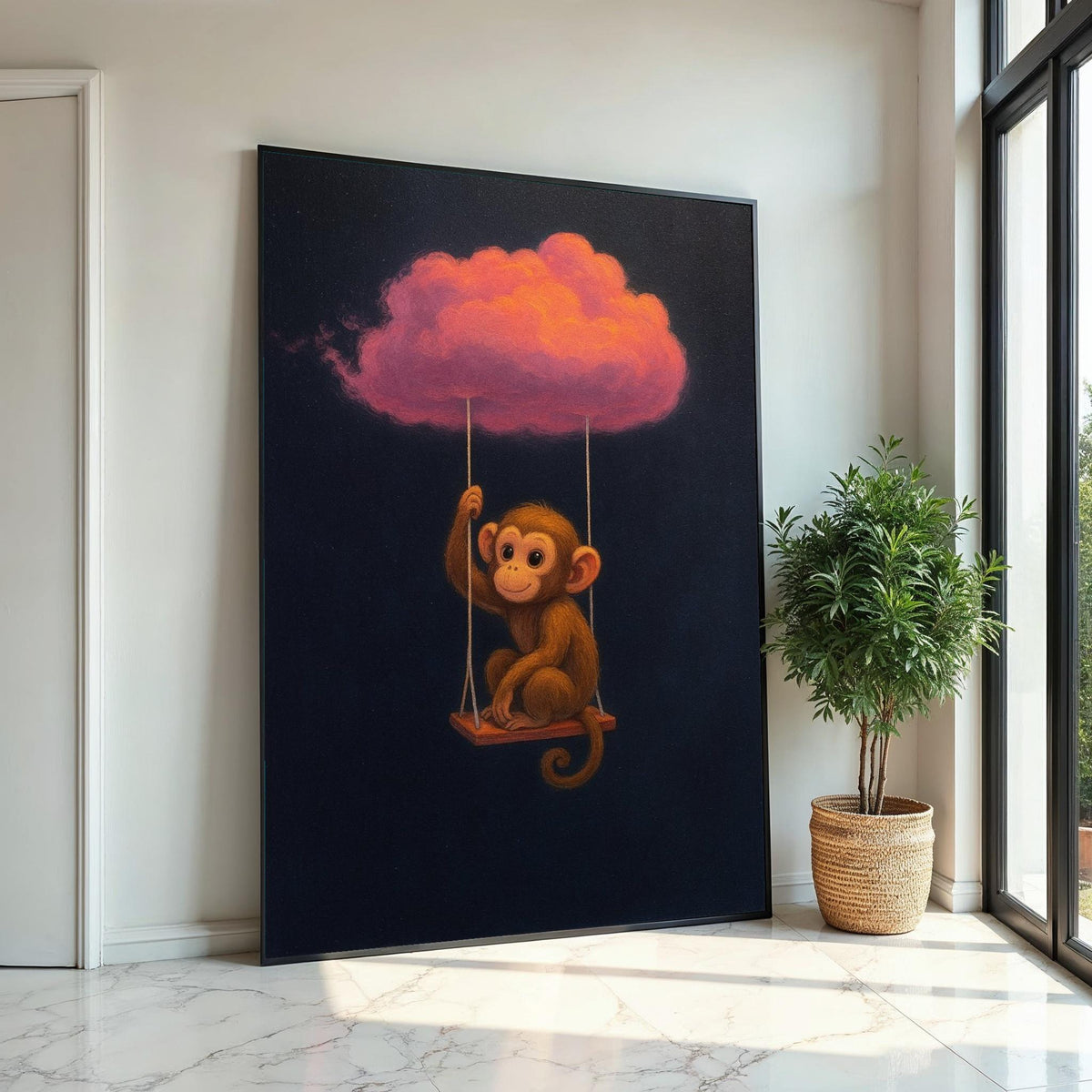 Cute Monkey on Cloud Swing, Monkey Wall Art, Pink Cloud Canvas, Animal Art Decor, Whimsical Wall Canvas, Ready to Hang Decoration