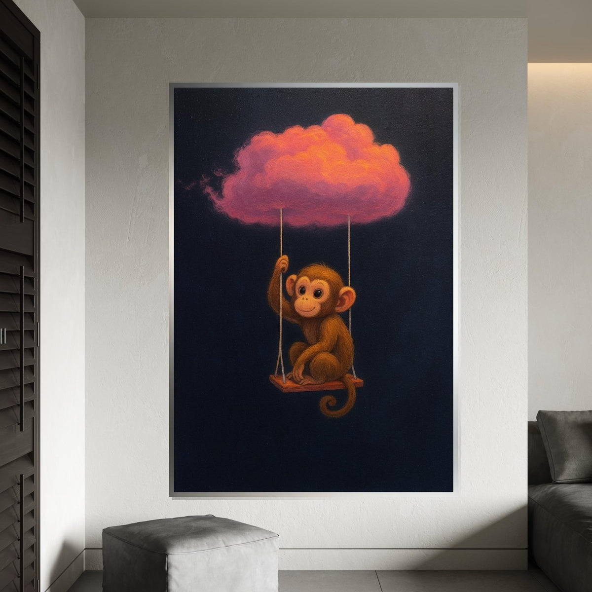 Cute Monkey on Cloud Swing, Monkey Wall Art, Pink Cloud Canvas, Animal Art Decor, Whimsical Wall Canvas, Ready to Hang Decoration