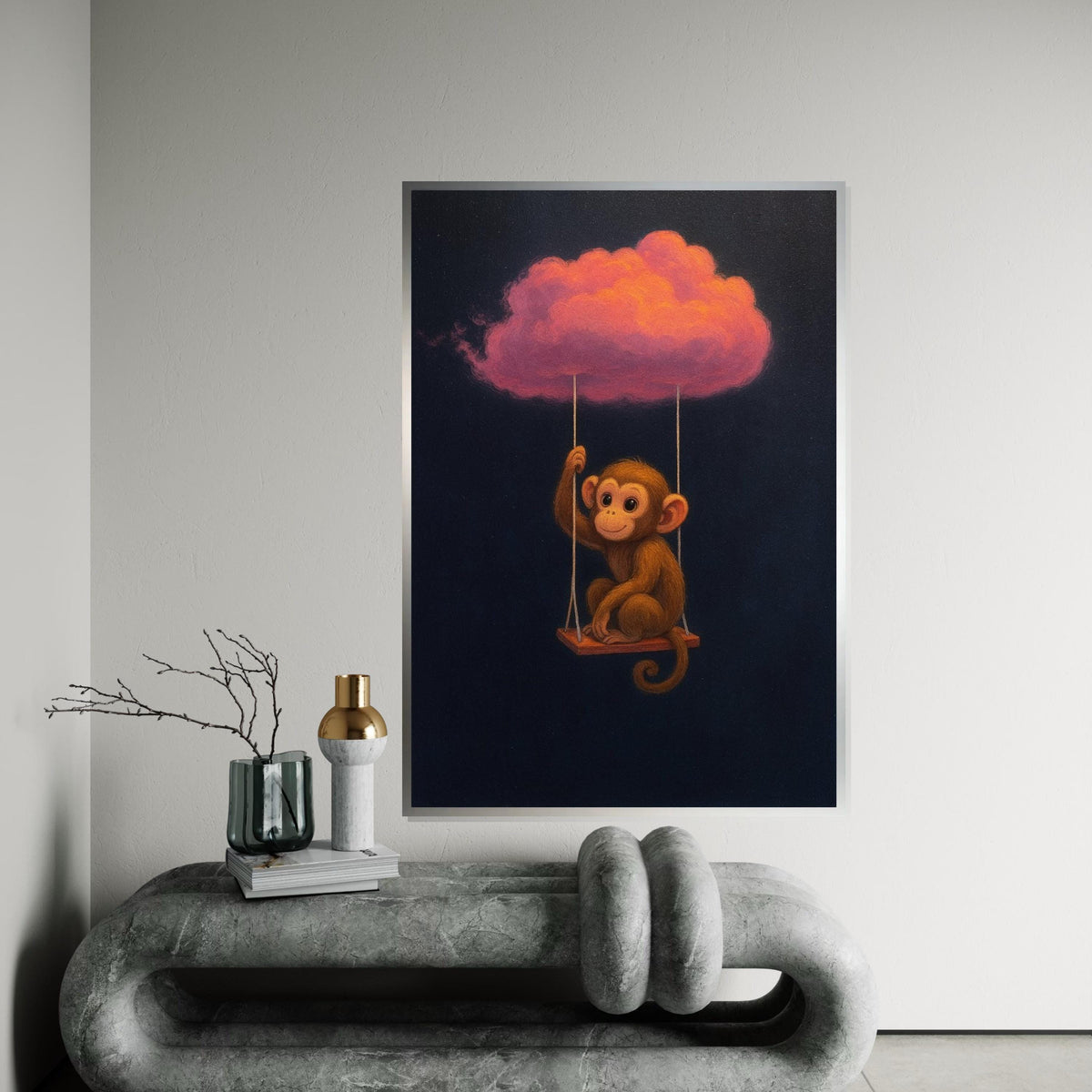 Cute Monkey on Cloud Swing, Monkey Wall Art, Pink Cloud Canvas, Animal Art Decor, Whimsical Wall Canvas, Ready to Hang Decoration