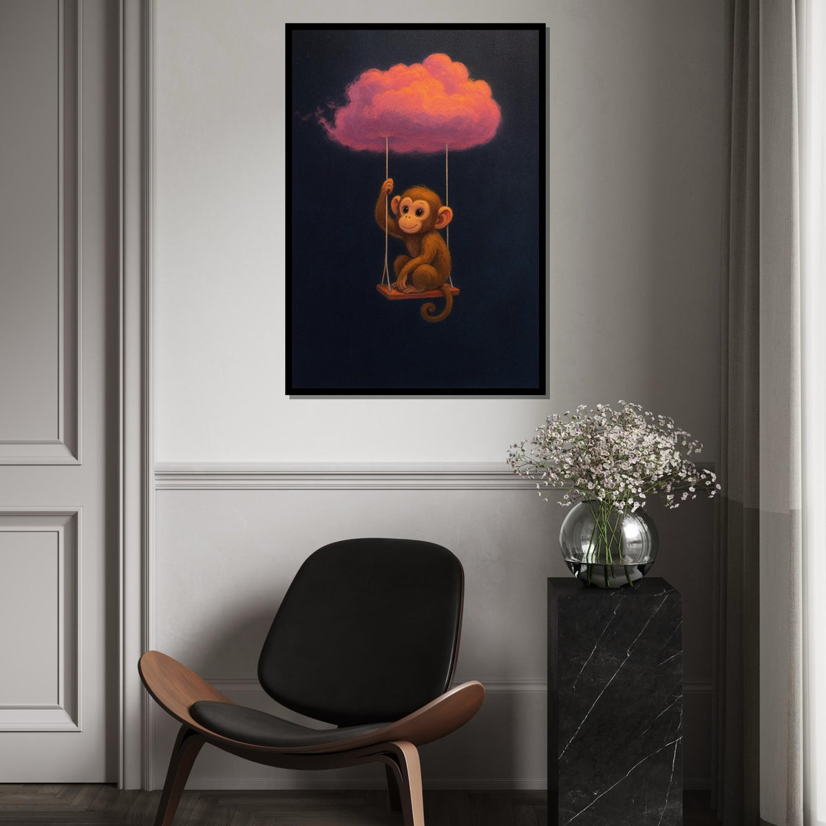 Cute Monkey on Cloud Swing, Monkey Wall Art, Pink Cloud Canvas, Animal Art Decor, Whimsical Wall Canvas, Ready to Hang Decoration
