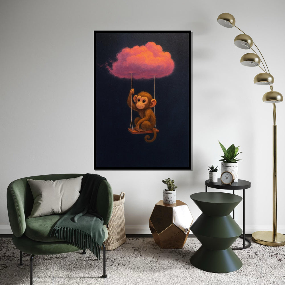 Cute Monkey on Cloud Swing, Monkey Wall Art, Pink Cloud Canvas, Animal Art Decor, Whimsical Wall Canvas, Ready to Hang Decoration