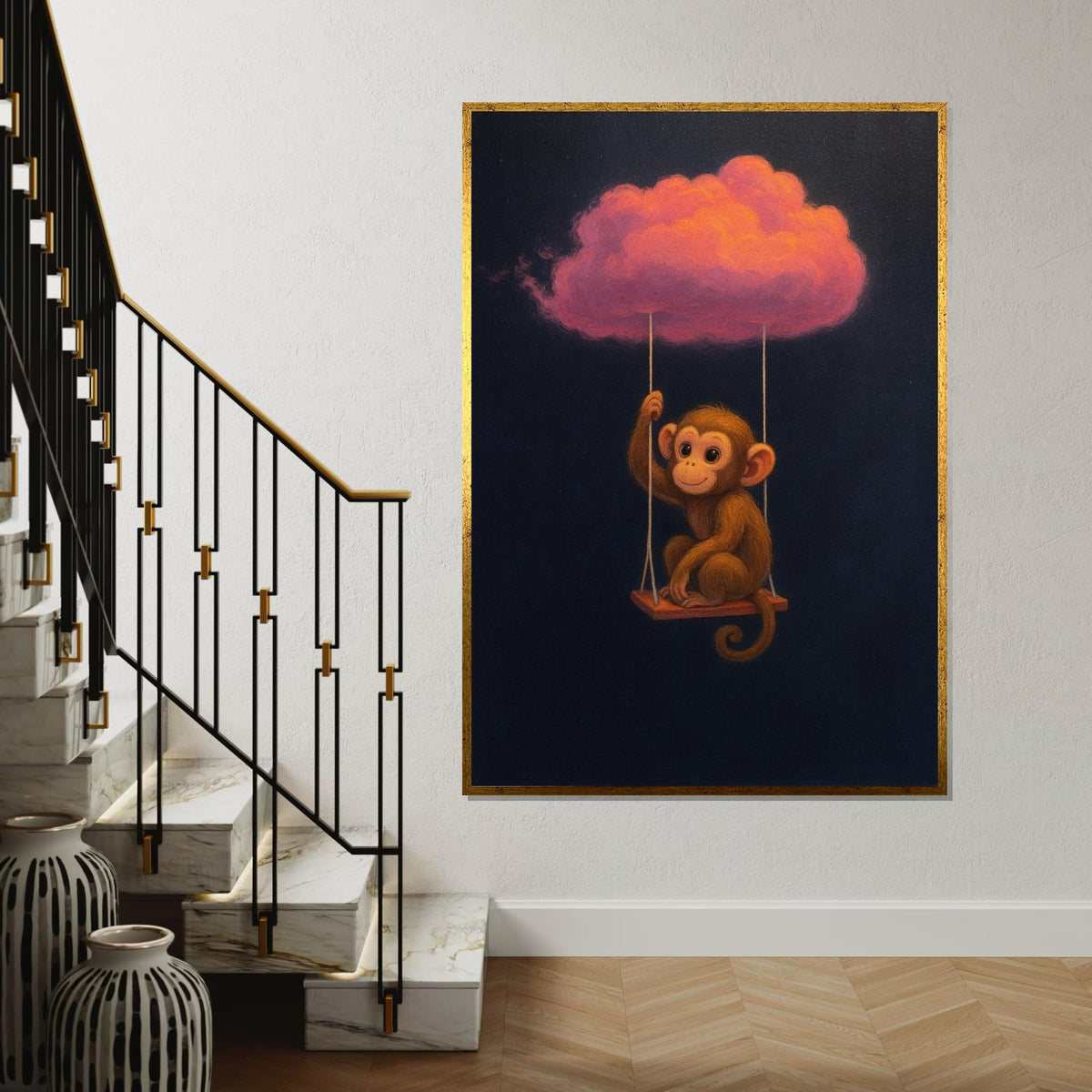 Cute Monkey on Cloud Swing, Monkey Wall Art, Pink Cloud Canvas, Animal Art Decor, Whimsical Wall Canvas, Ready to Hang Decoration