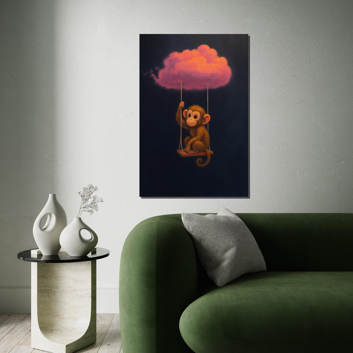 Cute Monkey on Cloud Swing, Monkey Wall Art, Pink Cloud Canvas, Animal Art Decor, Whimsical Wall Canvas, Ready to Hang Decoration