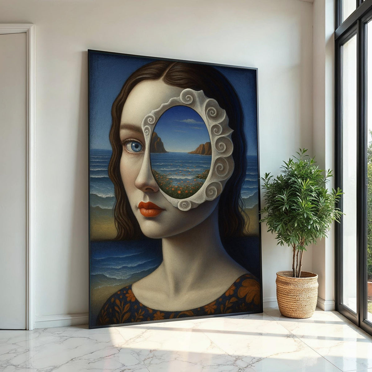 Surreal Visionary Canvas, Sea View Portrait Art, Mystical Woman Wall Art, Unique Canvas Design, Ready To Hang Home Decor