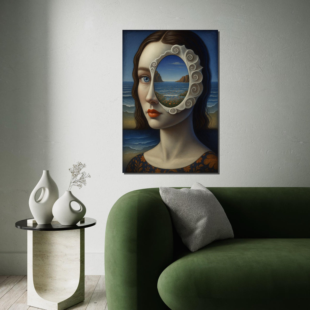 Surreal Visionary Canvas, Sea View Portrait Art, Mystical Woman Wall Art, Unique Canvas Design, Ready To Hang Home Decor