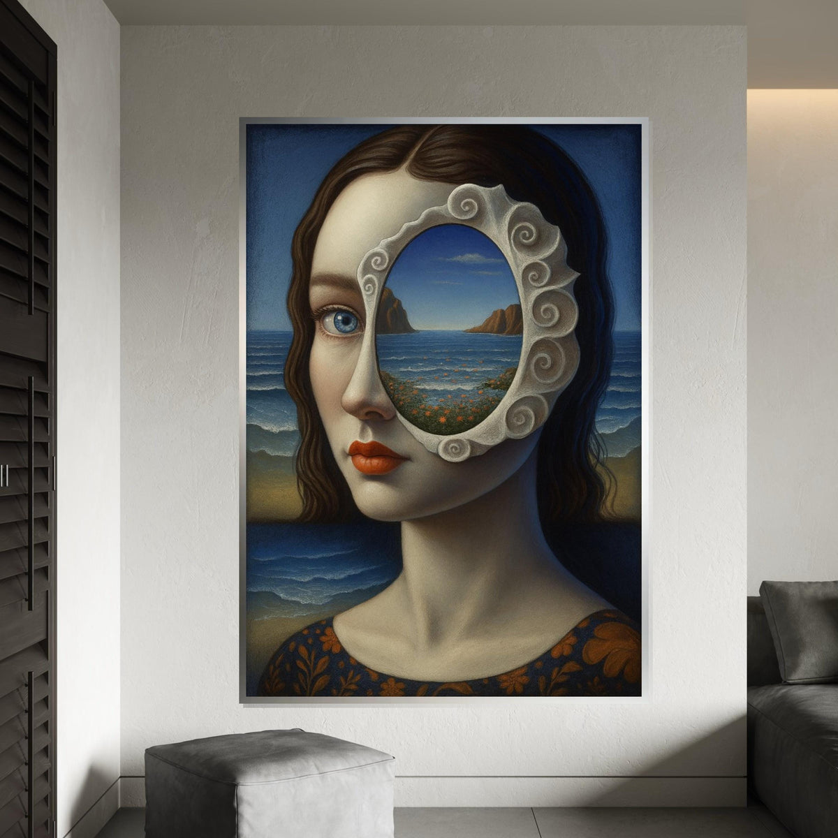 Surreal Visionary Canvas, Sea View Portrait Art, Mystical Woman Wall Art, Unique Canvas Design, Ready To Hang Home Decor