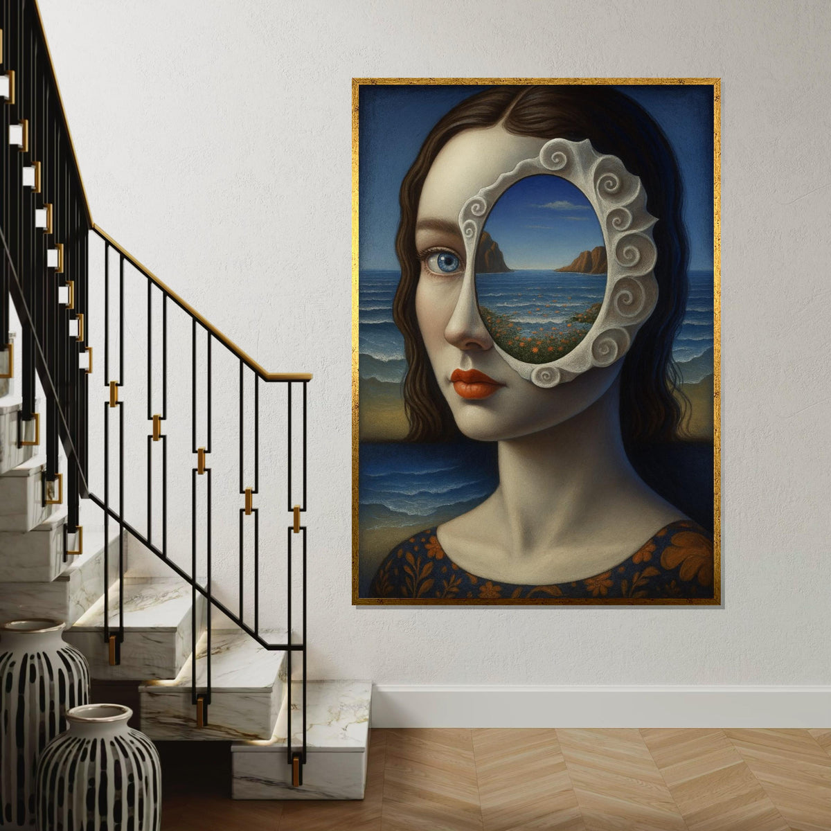 Surreal Visionary Canvas, Sea View Portrait Art, Mystical Woman Wall Art, Unique Canvas Design, Ready To Hang Home Decor