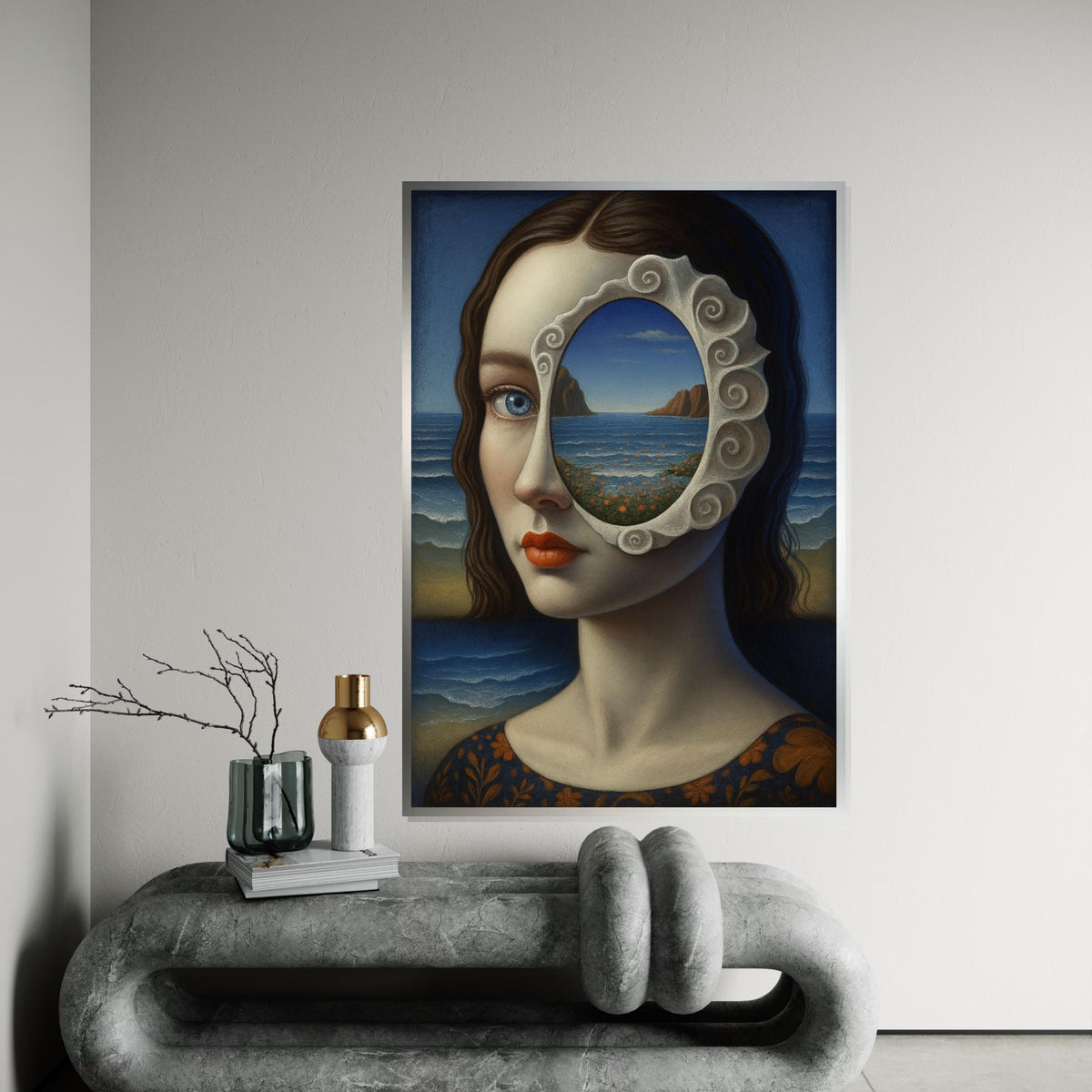 Surreal Visionary Canvas, Sea View Portrait Art, Mystical Woman Wall Art, Unique Canvas Design, Ready To Hang Home Decor